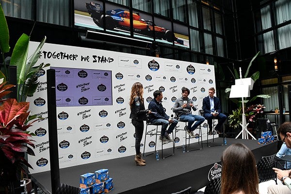 Jose Cabanas, CMO de Estrella Galicia 00, Carlos Sainz (piloto McLaren F1 Team) y Dan McEwan Jefe de patrocinios de McLaren F1 durante la rueda de prensa del evento de Estrella Galicia denominado "Together we stand" en Madrid el lunes 16 de septiembre de 2019

JM RUBIO  +34629482791